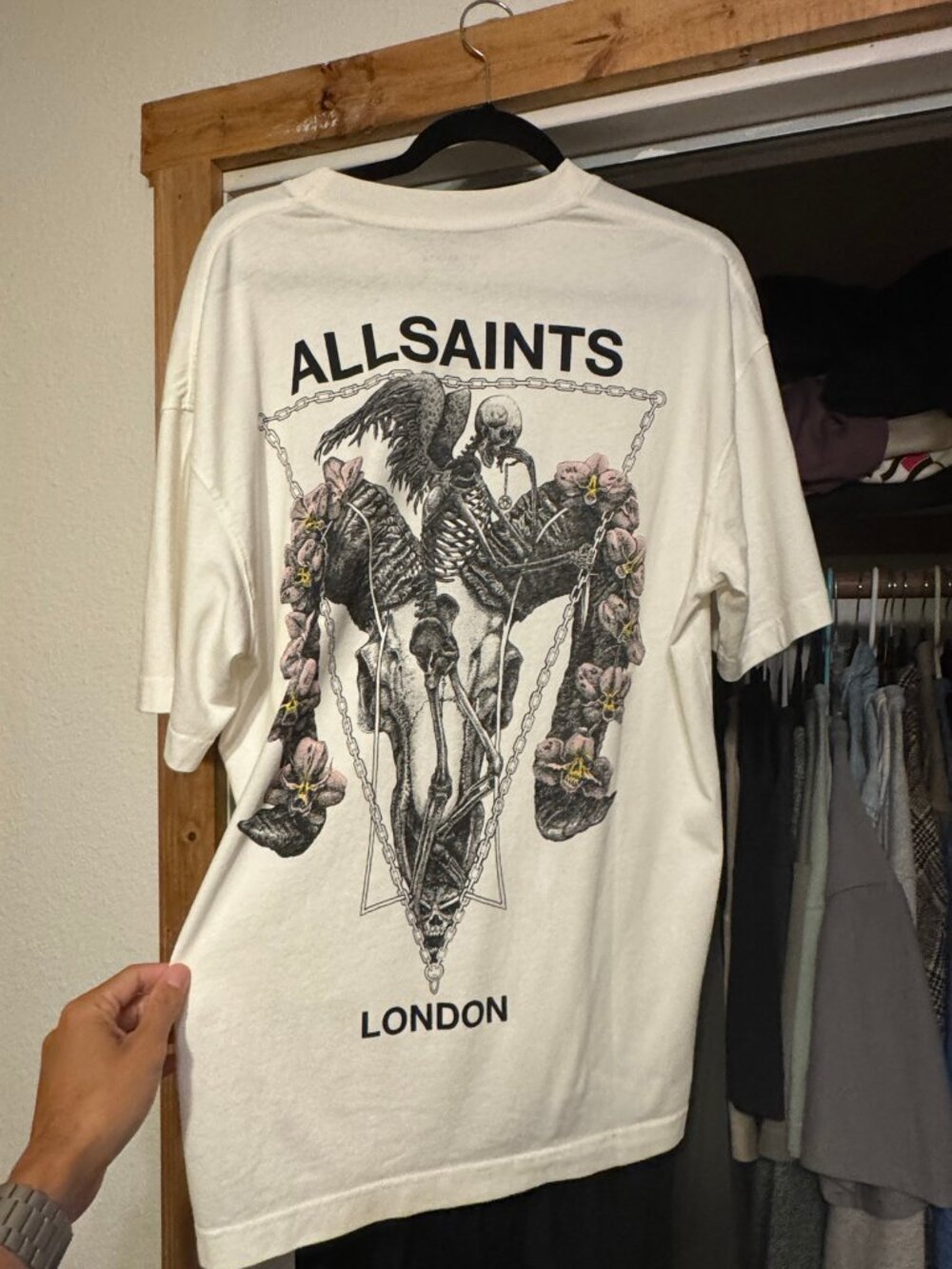 AllSaints London Graphic T-Shirt - Skeleton Floral Print - Size S (Oversized Fit